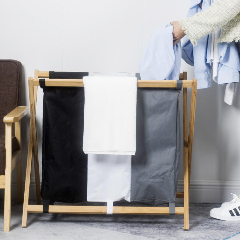 Cesta de lavandería plegable hogar ropa sucia cesta de almacenamiento de tela de bambú ropa compartimiento clasificación de almacenamiento cesta de lavandería