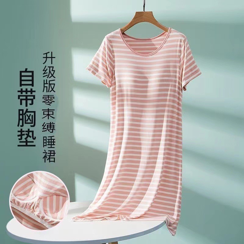 Pijamas de verano de mujeres rayas vestido de dormir con cojín de pecho de algodón lindo simple dulce vestido de casa de estudiantes de la falda media puede ser el cabello