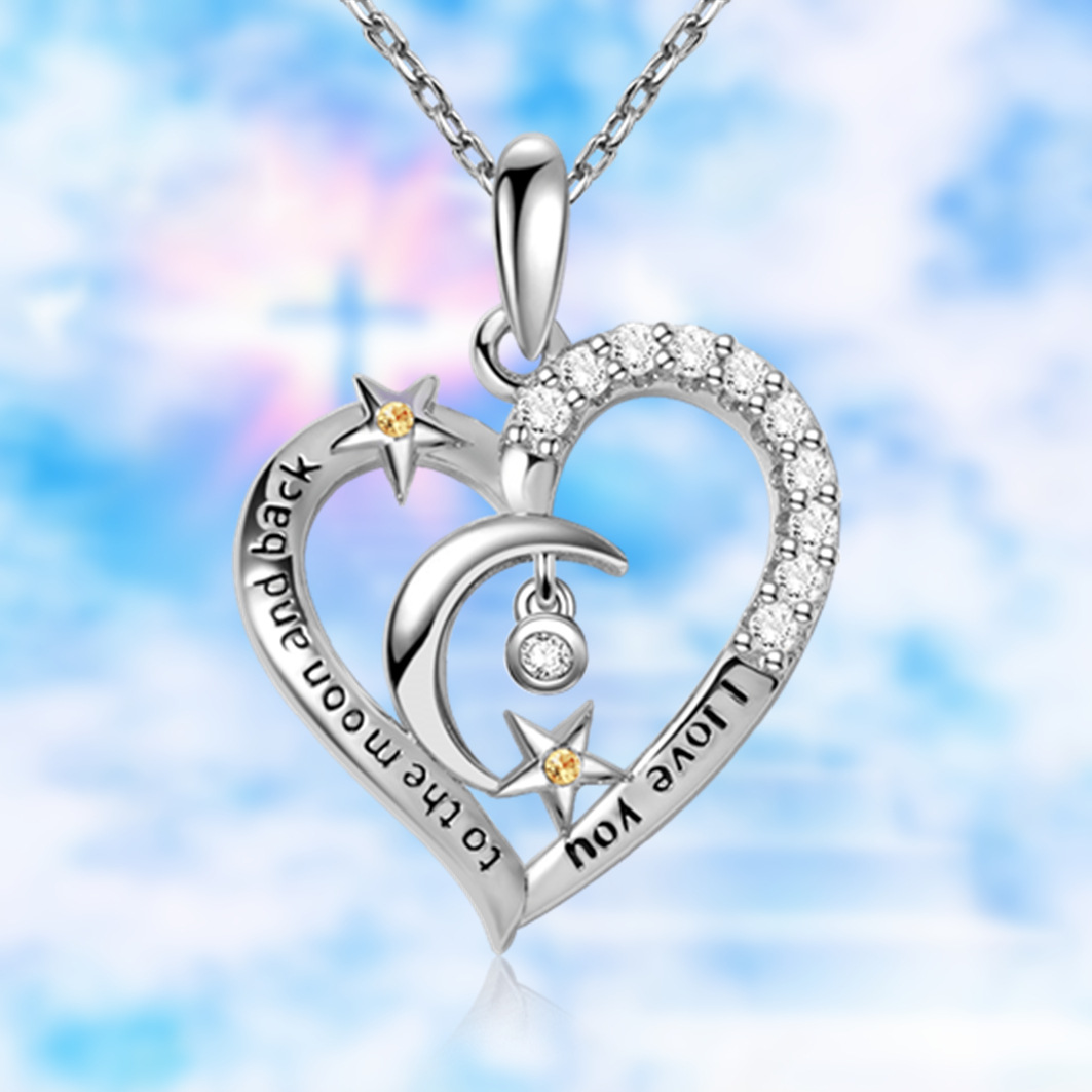 Collana con ciondolo a forma di cuore con stella e luna tempestata di diamanti, molto venduta, bella e alla moda, versatile accessorio di gioielleria da donna, regalo di compleanno._voghion.com