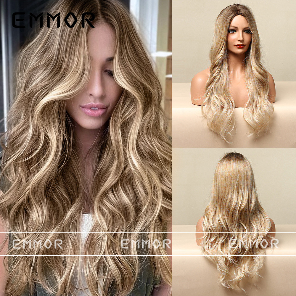 Amazonas peluca femenina larga pelo rizado natural mullido estilo europeo y americano gradiente de oro onda grande Red Full Head pelucas cubierta