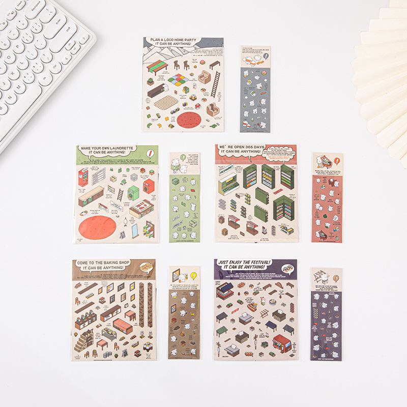 Pegatinas de casas en miniatura estilo coreano, pegatinas de escenas en miniatura, pegatinas de escenas sin cortar, pegatinas 3D estéreo para álbumes de recortes