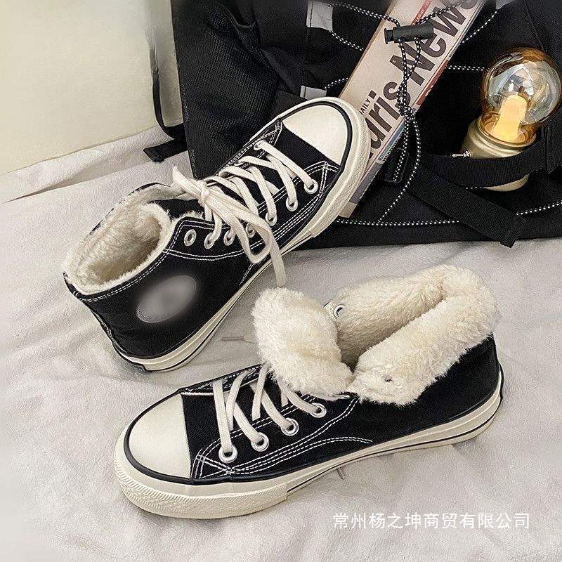 Autumn Fleece-Lined Canvas Shoes for Female Students, Korean Style Versatile Autumn Warm Cotton Shoes, High-Top Shoes for Women Autumn Fleece-Lined Canvas Shoes for Female Students, Korean Style Versatile Autumn Warm Cotton Shoes, High-Top Shoes for Women