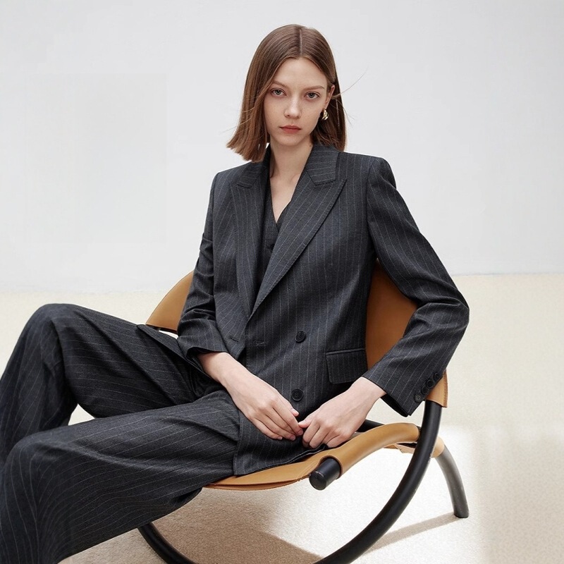 Lang Series Daily Pure Wool Retro Gray Striped Suit Jacket Elegant Formal Wear 2026 New High-End Suit