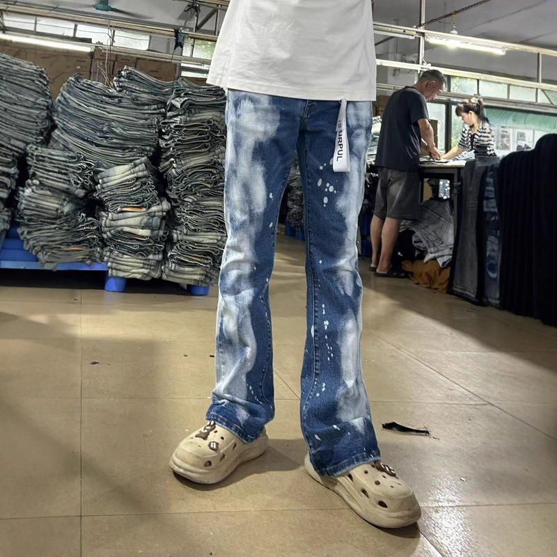 High Street Denim Blue Flared Cross-Border Blue Sky and White Clouds P Brand New Stretch Pu Ink Splash Men's Miscellaneous Temu Pants