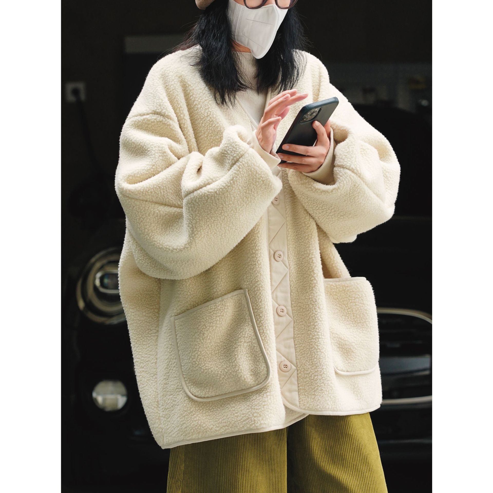 冬季新款韩版简约加厚摇粒绒夹克宽松显瘦御寒保暖休闲通勤外套女