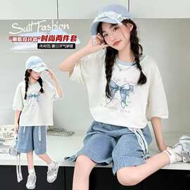 女童短袖恤夏季套装新款儿童女孩超好看蝴蝶结体恤韩版半袖