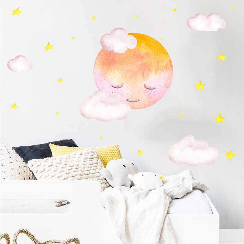 New Artistic Watercolor Moon Cloud Wall Sticker display picture 2