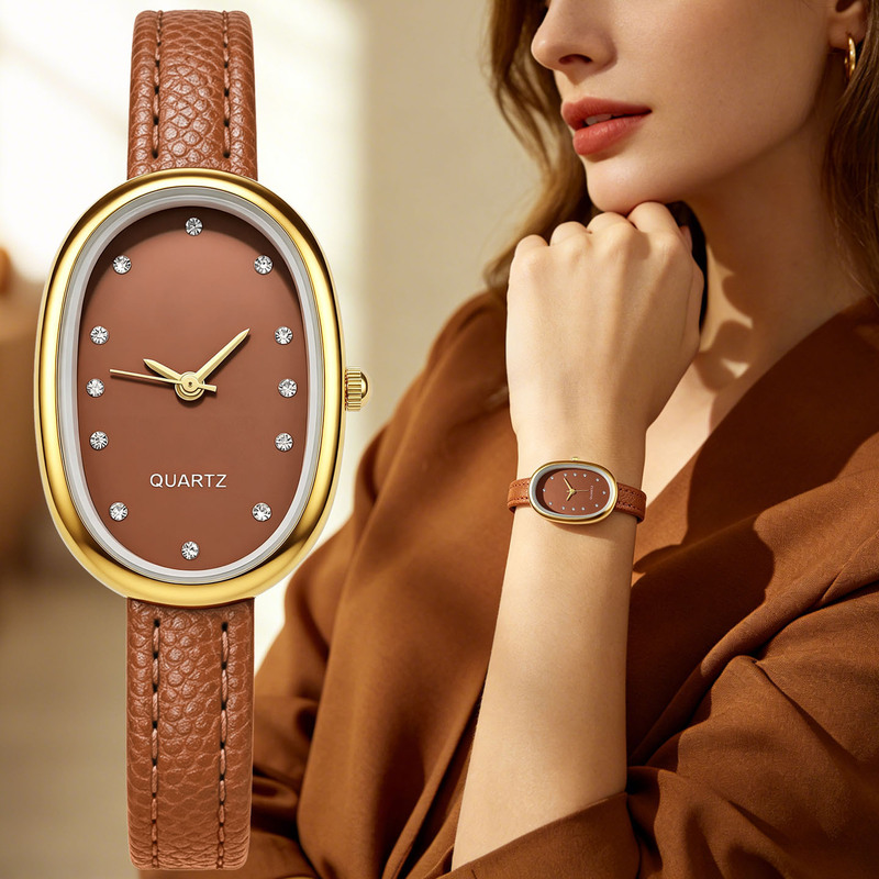 Fashionable and simple oval-shaped quartz women's watch with a leather strap, offering a light luxury and high-end feel Fashionable and simple oval-shaped quartz women's watch with a leather strap, offering a light luxury and high-end feel