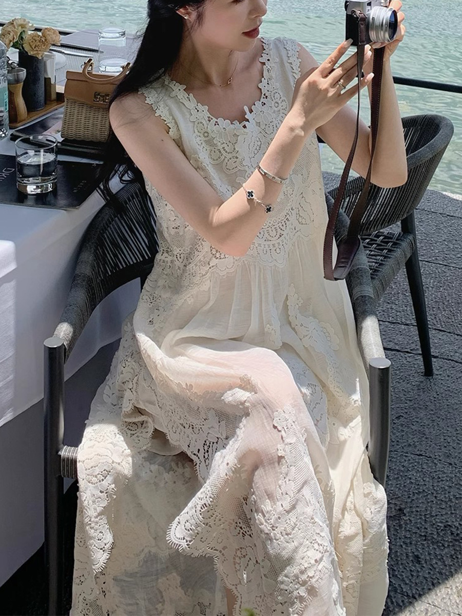 爱琴海重磅天丝亚麻蕾丝裙无袖U领宽松刺绣连衣裙气质法式连衣裙