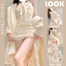 简约杏色珊瑚绒睡衣女春夏加绒加厚保暖法兰绒睡裙睡袍居家服套装