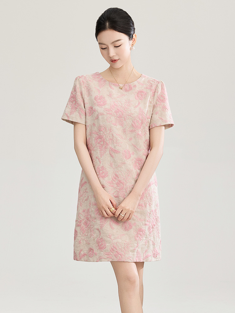 Đầm chữ A thêu jacquard tay ngắn mùa xuân hè — xanh lam