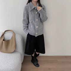 秋冬慵懒风翻领绞花针织毛衣女韩系高级感纯色简约百搭针织衫上衣