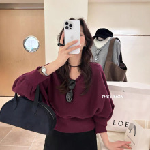 THELIMON 慵懒风V领绑带显瘦毛衣女2025秋冬宽松蝙蝠袖针织衫新款