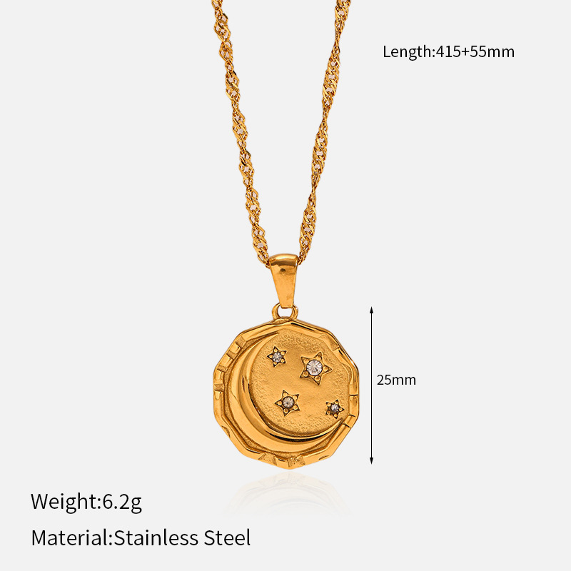 9g Weight Lobster Trigger Clasp Closure Clasp Closure Type 304 Stainless Steel Pendant Material Pendant Necklace Classification 304 Stainless Steel Chain Material Singapore chain, cable chain Chain Type 1 Piece Quantity Casual, Daily Occasion 304 Stainless Steel Material Star, Moon Pattern All Seasons Season Women's Gender Plating Design Elegant, Vintage Style Style Wholesale Jewelry Elegant Vintage Style Star Moon 304 Stainless Steel Plating Singapore Chain Cable Chain Pendant Necklace 8