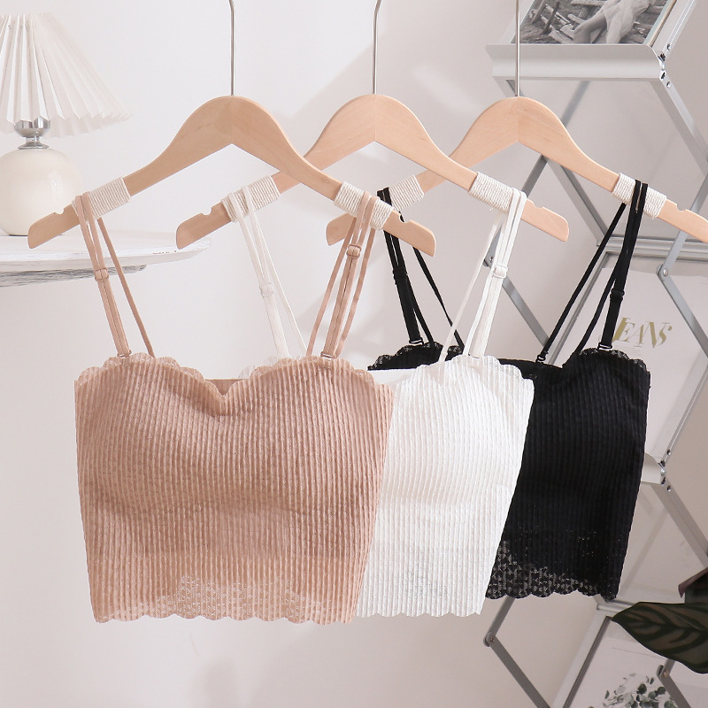 New Korean Style Inside and Outside Camisole Vest Women's Gathering Sexy Thin Shoulder Strap Bubble Pleated Lace Underwear with Chest Pad