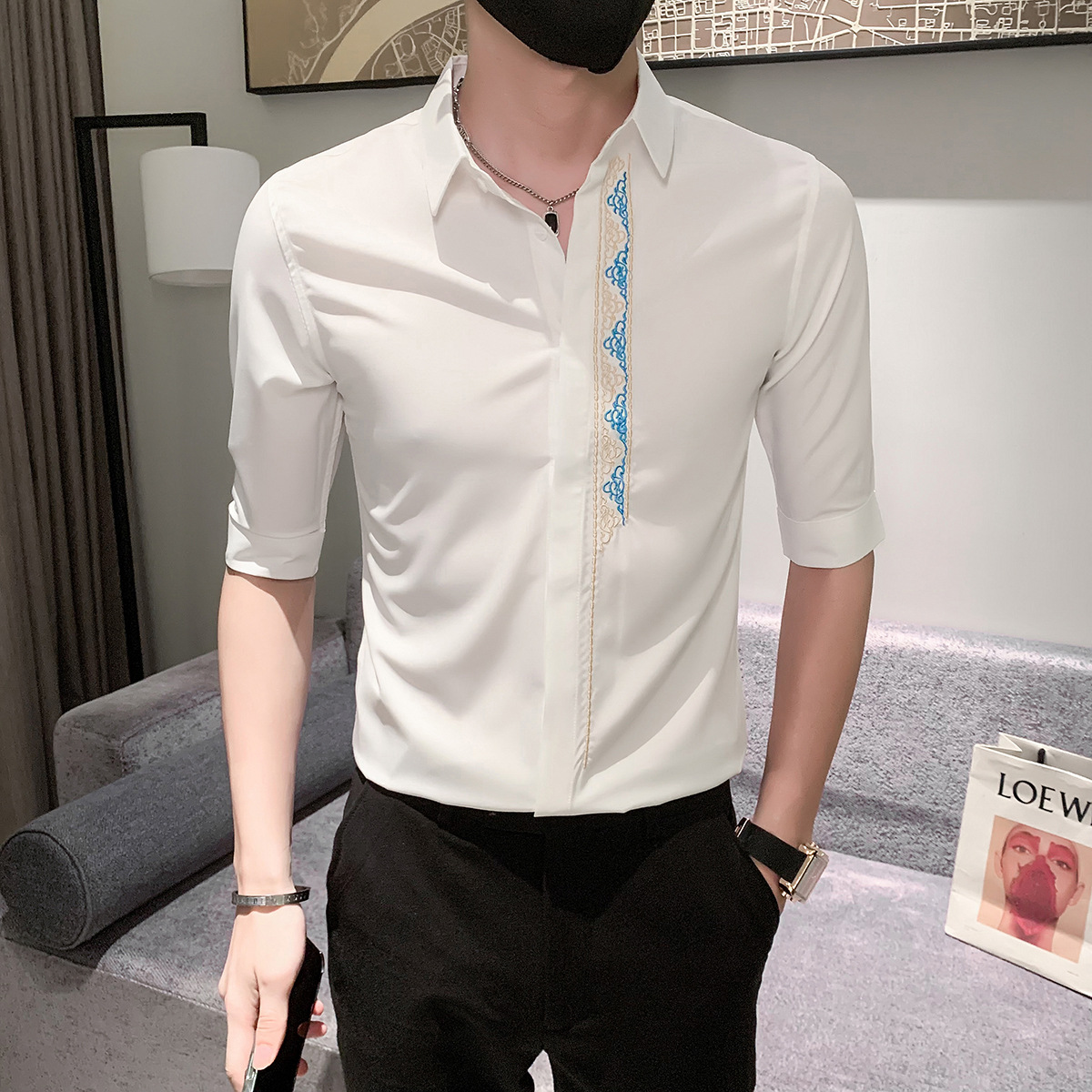 高级感刺绣衬衫男短袖夏季商务休闲痞帅七分袖衬衣潮流修身英伦风