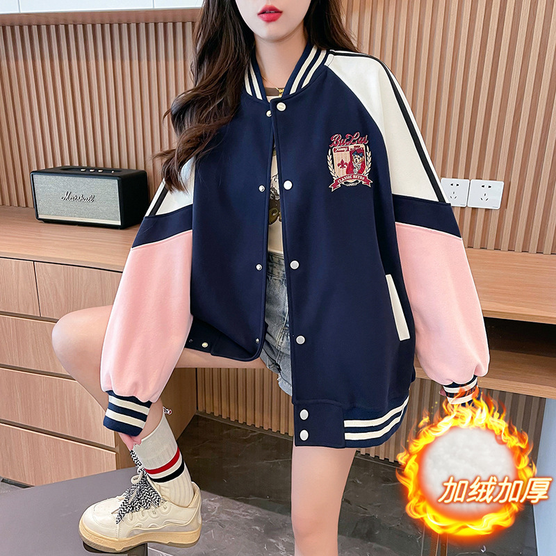 New baseball uniform 2023 Winter Chinese cotton fleece-lined sweater women's Korean-style embroidered women's fashion Silver Fox velvet coat
