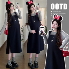 孕妇装套装潮妈春秋新款洋气外出中长款背带裙长袖圆点上衣两件套