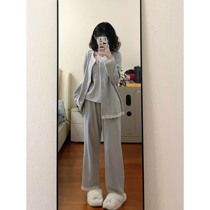 여성용 봄, 가을 심플 솔리드 컬러 레이스 파자마 새로운 스타일 달콤한 INS 걸 슬링 홈 의류 3피스 세트