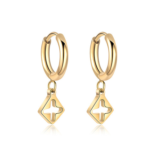 INS style old flower hollow cross pendant earrings titanium steel 14K gold non-fading slimming high-end earrings European and American earrings