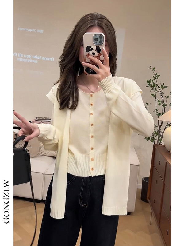 一整套入秋穿搭设计感时尚披肩针织上衣女直筒显瘦九分牛仔裤套装|undefined