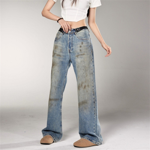 Vintage American Retro Niche Design Men's and Women's Washed Distressed Punk-Chic Wide-Leg Straight Leg Dirty Jeans