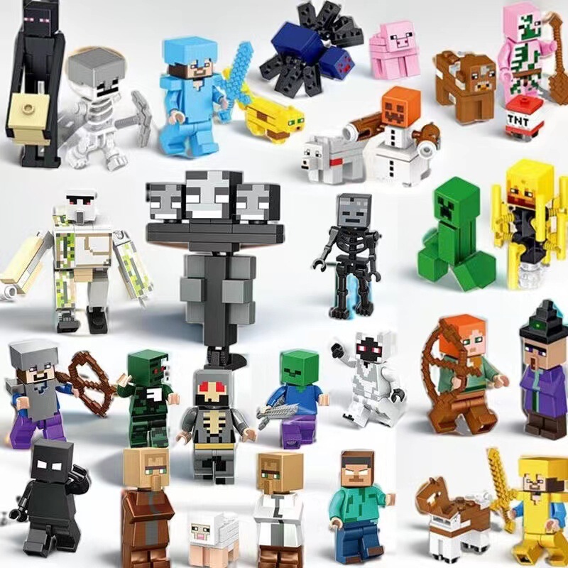 Compatible with Lego Small Bricks, My World Building Block Figures, Skeleton Pig, Chicken, Red Stone Monster, Large Zombie Crawler Toys