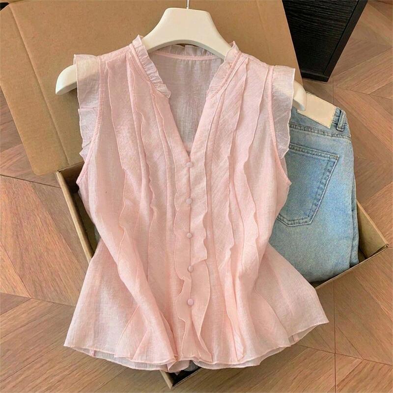 Versatile sleeveless V-neck ruffled pink top for women, summer semi-transparent new style shirt