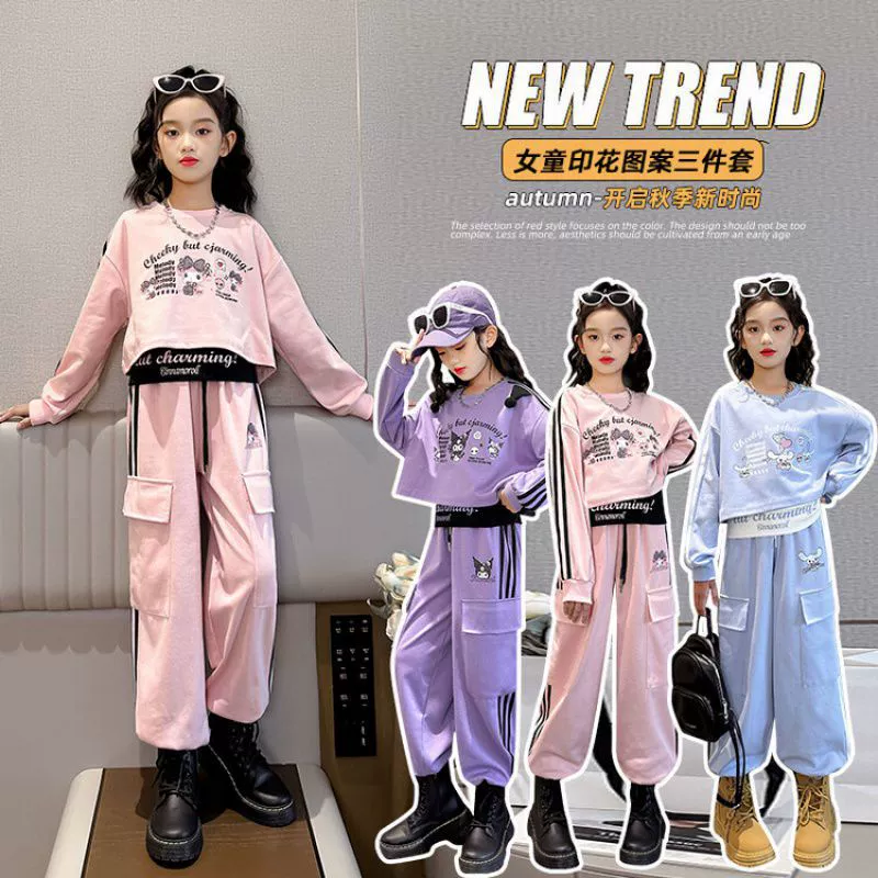 西檬鹿 2024 Spring New Yugui Dog Kulomi Melody Printed Composite Sweatshirt Work Pants Three-piece Set