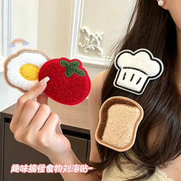 Fun and quirky food-themed hair fringe stickers, soft and cute cartoon chef hat, bread-shaped children's magic stickers, hair tidying tool for girls