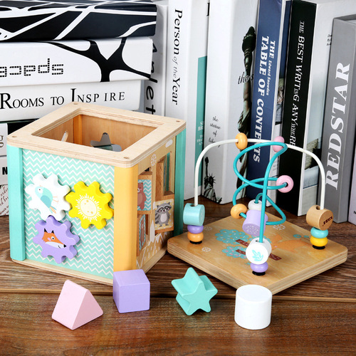 Baby children's beaded 1-year-old baby toys educational Montessori early education beaded multi-functional treasure chest building blocks for boys and girls