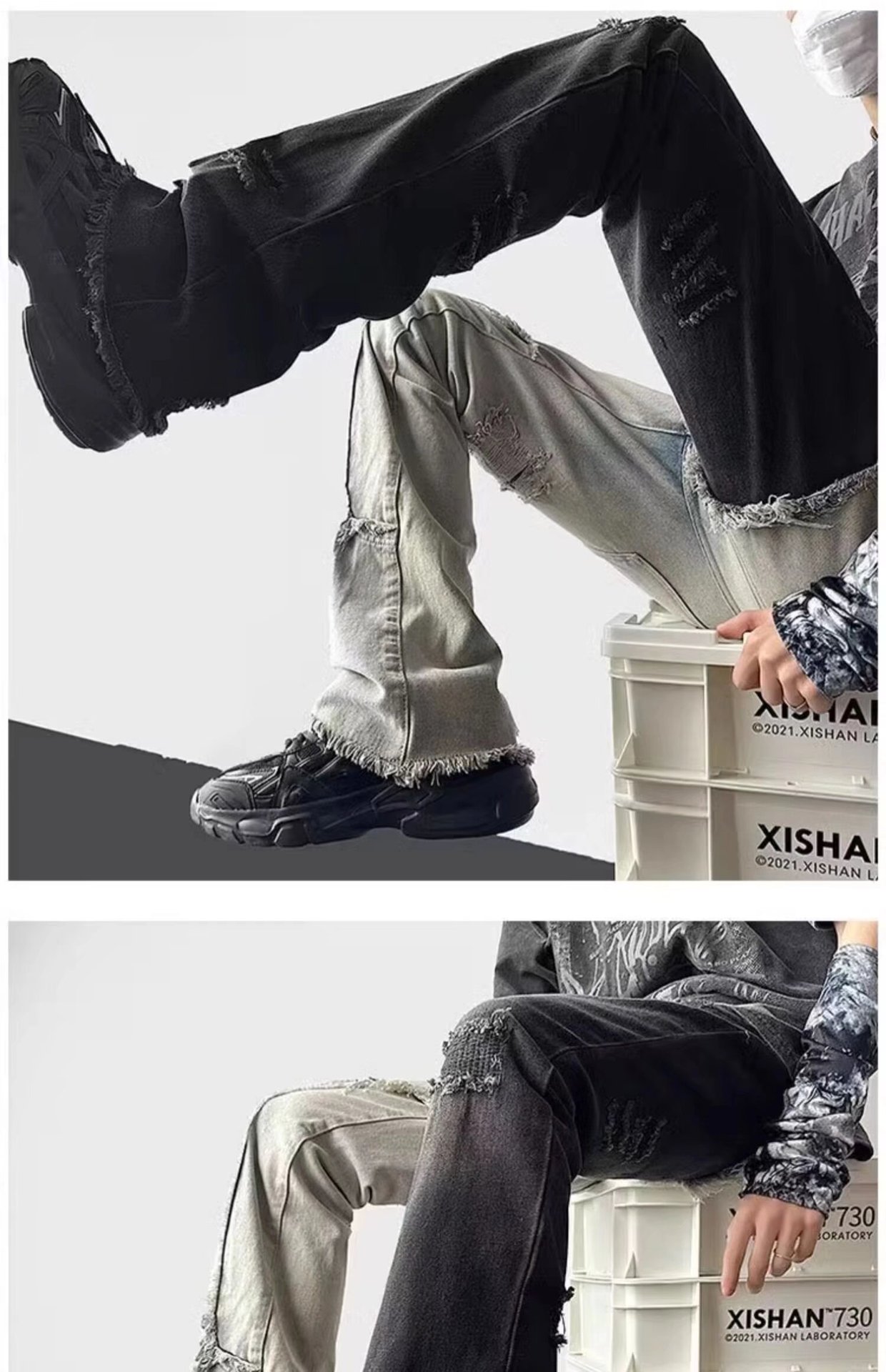 Men's Patchwork Color Block Ripped Jeans High Street Straight_voghion.com
