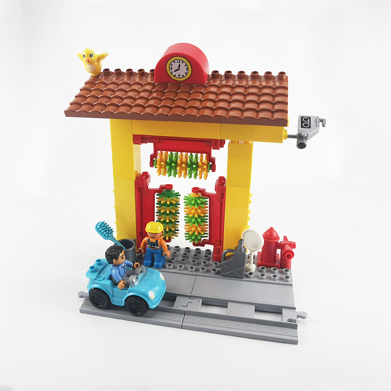 Domestic large particle building blocks parts roadside track car wash shop creative scene building children assembled toy accessories