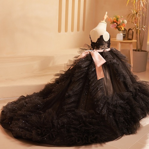 Children's Black High-end Heavy Work Tulle Train Dress for 6th International Children's Day, Child Fashion Show Host, Stylish Piano Performance Costume