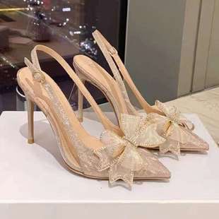 2025 Summer New Style Stiletto Pointed Toe Wedding Shoes Rhinestone Bow Toe Back Hollow with Skirt High Heels Women's Sandals