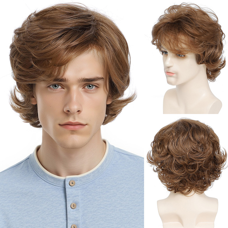 Cross-Border Popular Fashion Men's Holiday Fluffy Curly Brown Daily Short Cosplay Wig