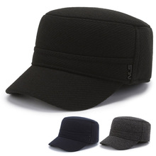 帽子男士冬季平顶帽加绒加厚鸭舌帽毛呢棉帽户外中老年保暖护耳帽