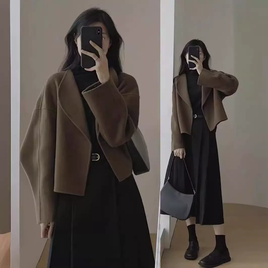春秋休闲毛呢外套女小香风薄款短款西装半身裙套装2025新款小个子