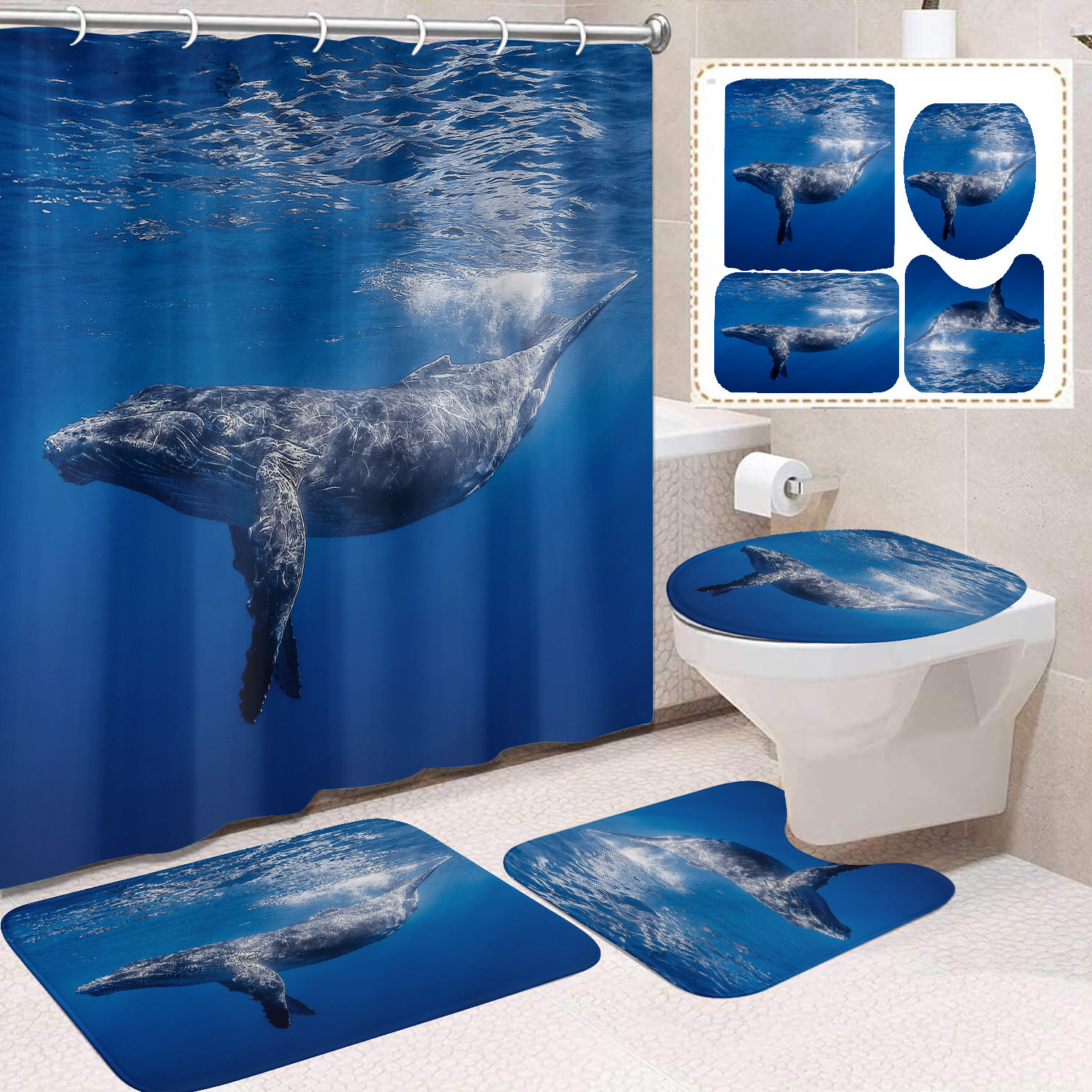 Cortina de ducha transfronteriza con diseño de delfines azules, estampada digitalmente, de poliéster, sin perforaciones, para baño, decoración del hogar image 55