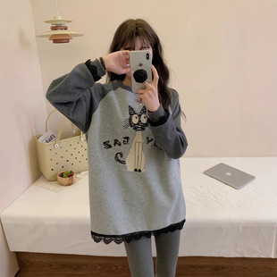 Spring New Arrival Heavy Industry Embroidered Stitch Korean Style Casual Women's Cat Shoulder Lace Sweat Long Sleeve Round Neck Pullover Top