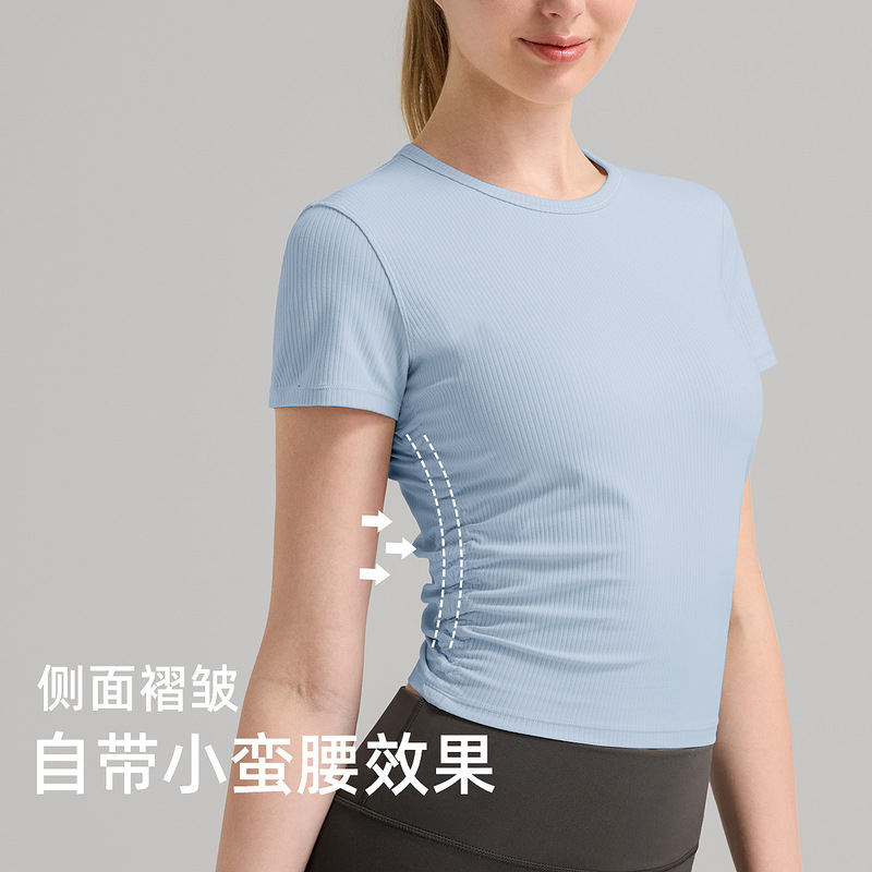 INF リブ編みスポーツTシャツ レディース シワ加工 ウエストシェイプ ショート丈 フィットネスウェア トップス 通気性 速乾性 ルル風 ヨガウェア 半袖|undefined