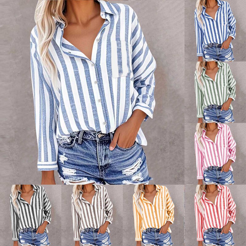 Japanese and Korean Casual Fashion Shirts for Women European and American New Stripesd Loose Urban Girls Long-Sleeved Shirts Csxj-04
