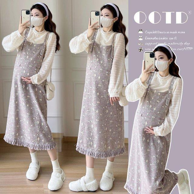 Unmun Maternity Wear Early Autumn Purple Flower Embroidered Dress Unique Super Nice Tassel Knitted Suspender Skirt Pregnancy