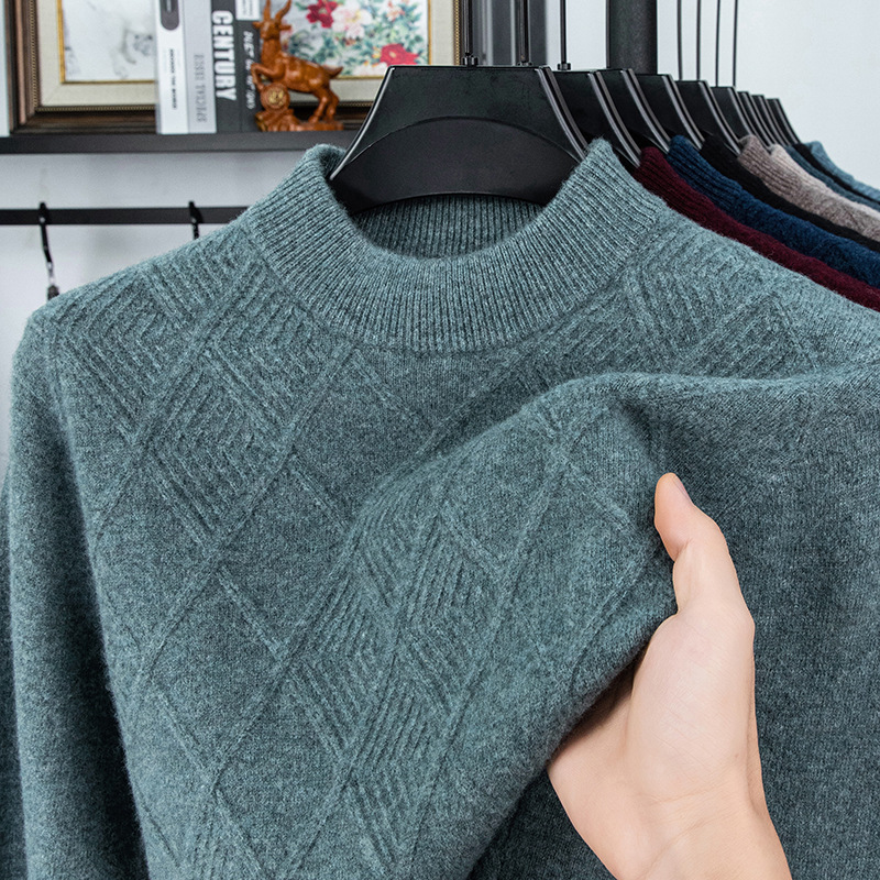 Autumn and Winter New 100% Cotton Wool Sweater Men's Half Turtleneck Thick Diamond Knitted Fashion Warm Sweater for Men