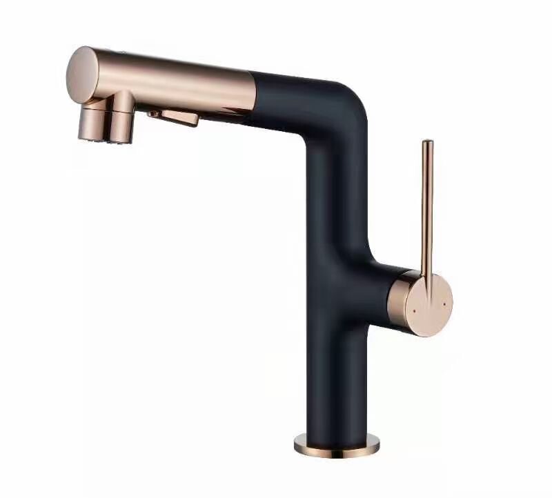 Kaiping Youjia bathroom three water basin under counter basin black + rose gold rotating pull faucet spray 31352