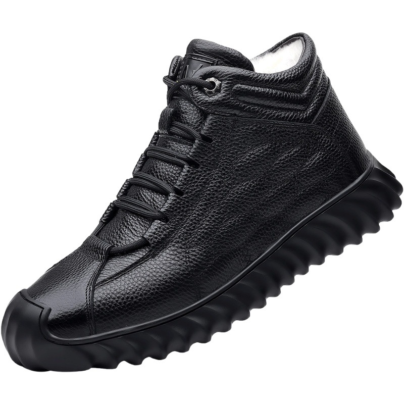 Primera capa de piel de vaca de lana de invierno de los hombres zapatos de algodón acolchado de alta-top casual de cuero genuino forro polar grueso cálido papá zapatos de cuero de los hombres