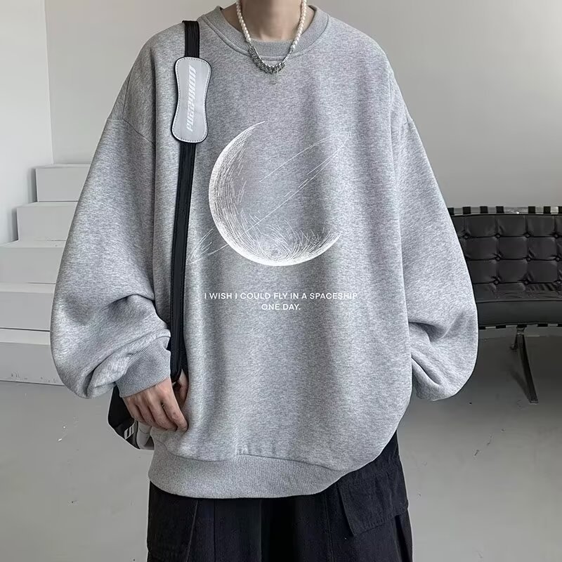 Personalized Moon Print Sweater Men's Autumn And Winter Hoodless Crew Neck Jacket Top Casual Long-sleeved Bottoming Shirt Tide_viptrois.com