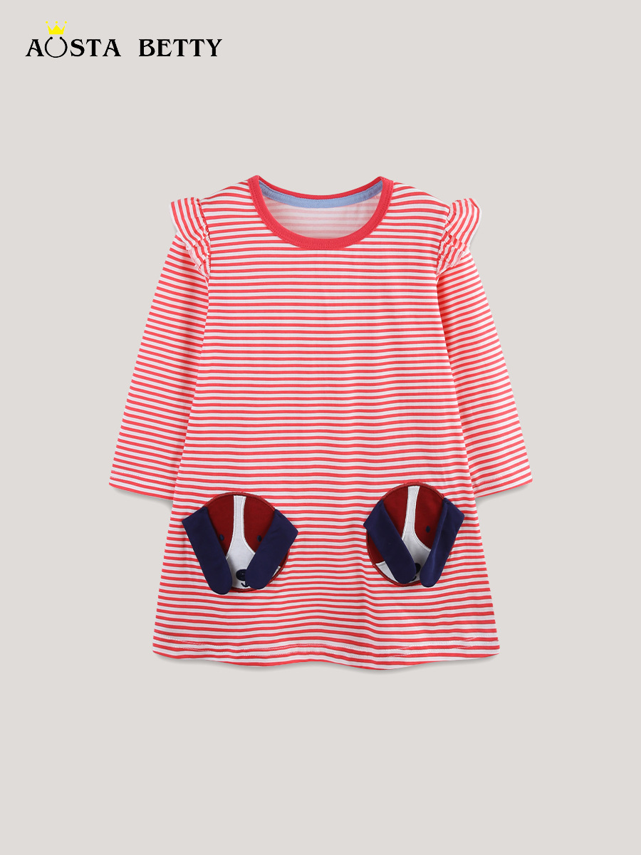 25 otoño nuevo vestido de niña vestido de princesa de moda de estilo europeo y americano parche de perro a rayas vestido de niño cabello de una pieza