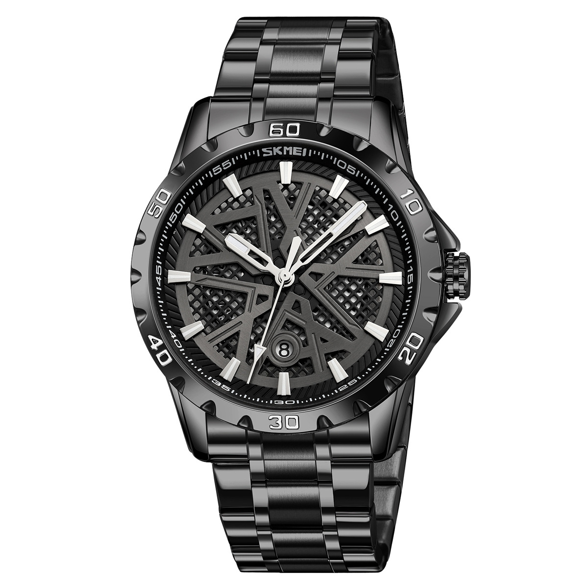 Momento de reloj de hombre redondo hueco correa de acero impermeable calendario reloj de pulsera simple reloj de cuarzo comercial al por mayor transfronterizo