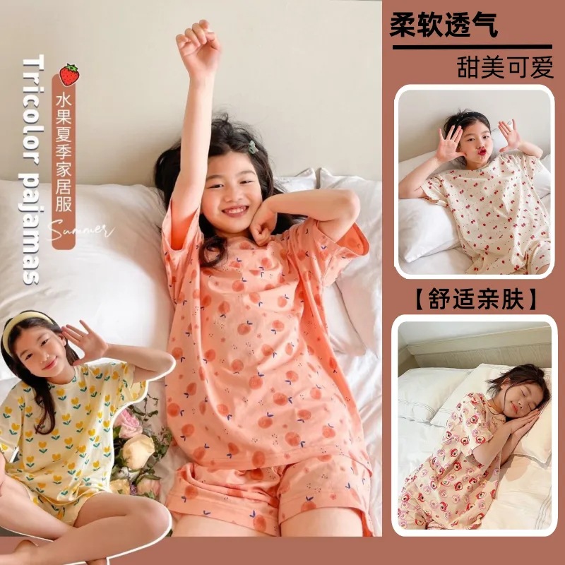 Conjunto de pijamas infantis de verão, conjunto de duas peças de roupas finas de verão para meninas com ar condicionado, shorts de manga curta para crianças médias e grandes, roupas para casa